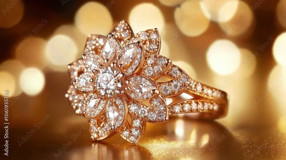 Elegant Floral Diamond Ring on Shimmering Background Elegant Floral Diamond Ring on Shimmering Background