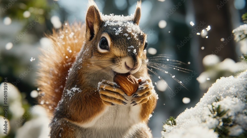 Squirrel in Snow with Nut Captured in Winter Wonderland