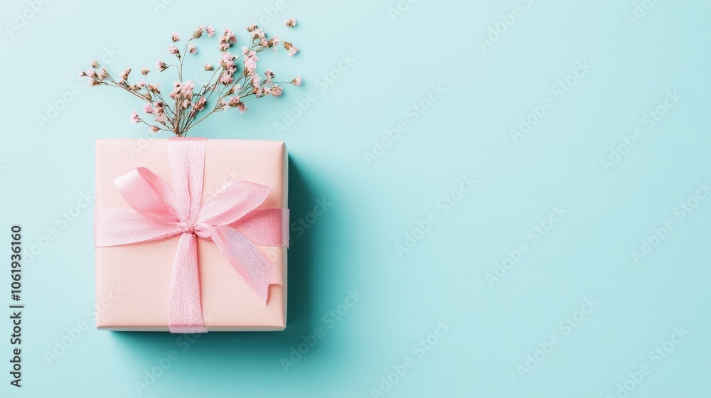 Elegant pink gift box with flowers on blue background Elegant pink gift box with flowers on blue background