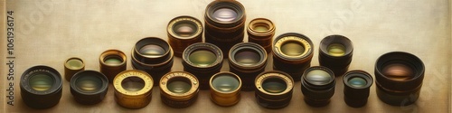 Assortment of vintage camera lenses on a textured background photo