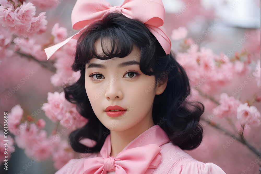 A woman wearing a pink dress and a bow in her hair A woman wearing a pink dress and a bow in her hair