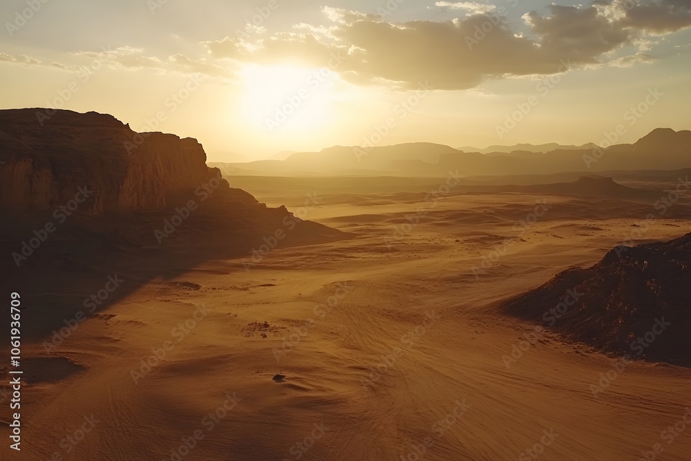Fototapeta premium sunset in the desert full of sand and dunes, isolated landscape 