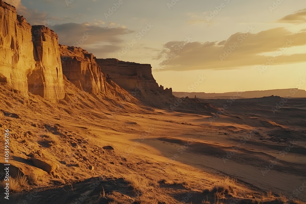 Fototapeta premium sunset in the desert full of sand and dunes, isolated landscape 