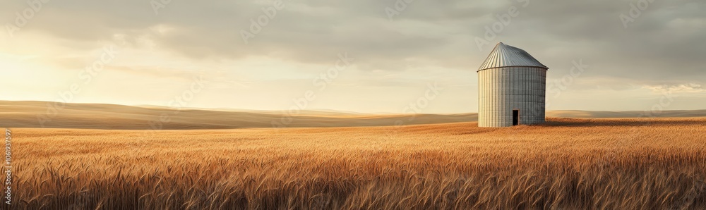 Scenic view of a lone grain silo in a vast wheat field at sunset Scenic view of a lone grain silo in a vast wheat field at sunset