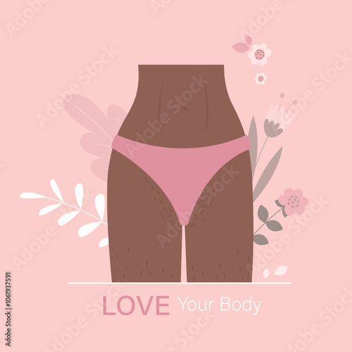 Female unshaved hairy legs. Skin care, woman love your body. Self acceptance, beauty diversity, body positive. Woman healthcare, hygiene.