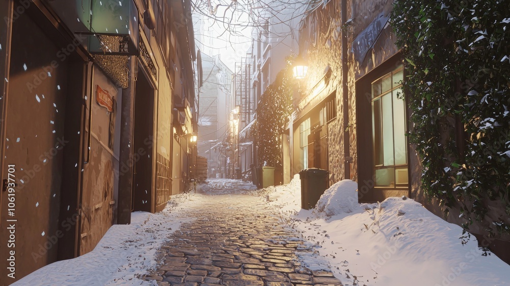Winter Wonderland: Scenic Snowy Alleyway with Cobblestones in Historic District Bathed in Warm Café Light - Ultra-Detailed Photography Winter Wonderland: Scenic Snowy Alleyway with Cobblestones in Historic District Bathed in Warm Café Light - Ultra-Detailed Photography