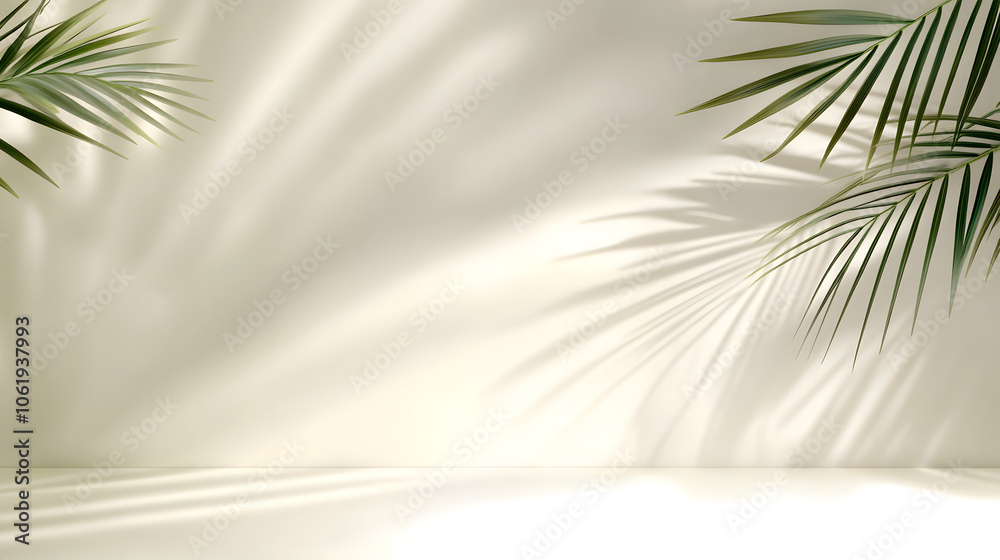Fototapeta premium Blurred shadow from palm leaves on light cream wall. Minimalistic beautiful summer spring background for product presentation.