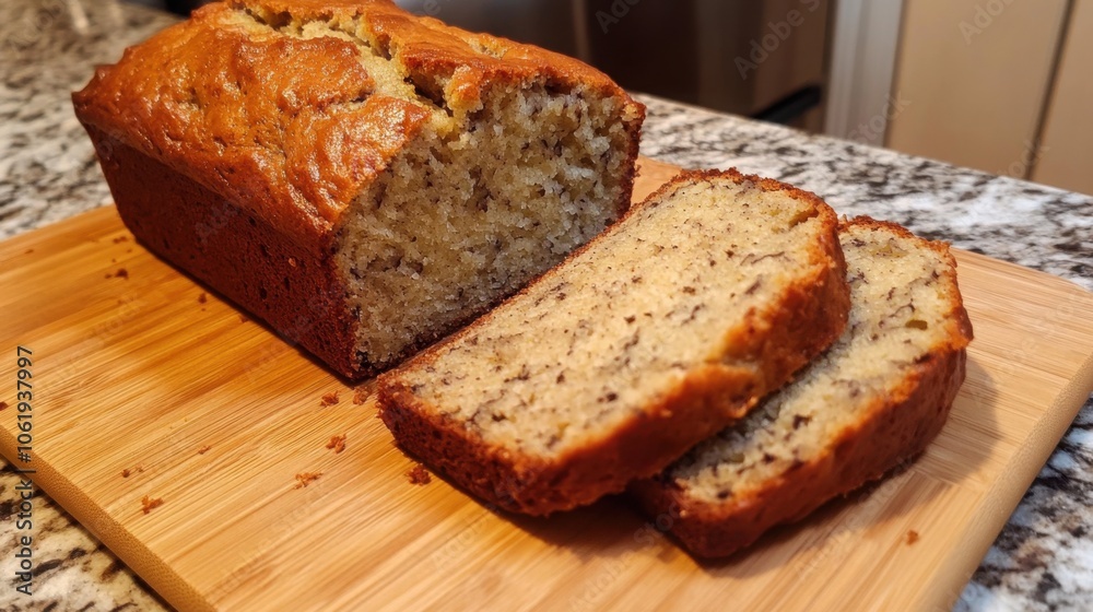 Freshly baked banana bread, sliced on a wooden cutting board, warm and comforting Freshly baked banana bread, sliced on a wooden cutting board, warm and comforting