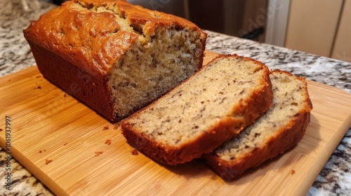 Freshly baked banana bread, sliced on a wooden cutting board, warm and comforting