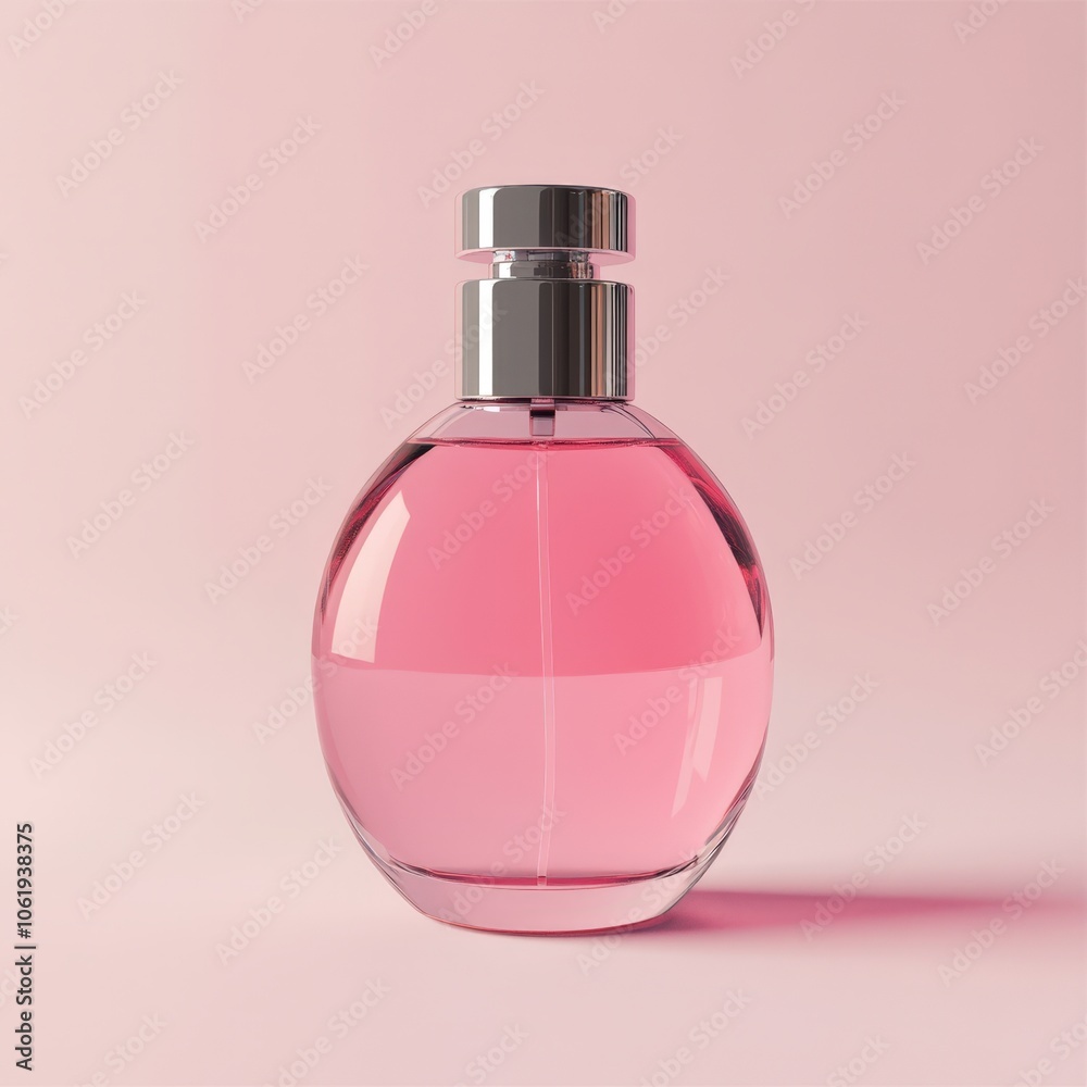 Elegant perfume bottle with pink liquid on a soft pink background Elegant perfume bottle with pink liquid on a soft pink background