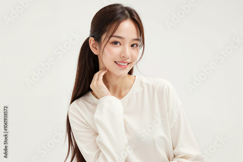 A woman with long hair is smiling and wearing a white shirt