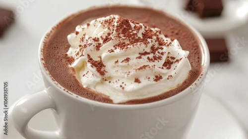 Hot chocolate with whipped cream, topped with a sprinkle of cocoa powder