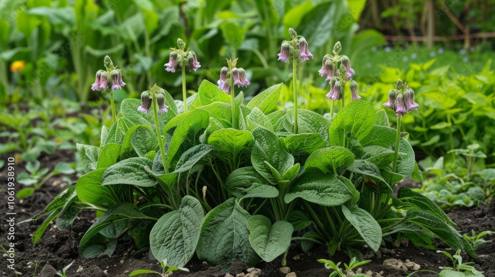 Close-up of a group of comfrey plants with their delicate pink flowers. The leaves are large and lush, creating a sense of natural beauty. Close-up of a group of comfrey plants with their delicate pink flowers. The leaves are large and lush, creating a sense of natural beauty.