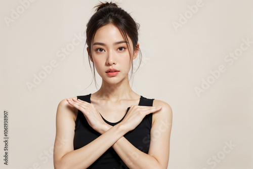 A woman with a black tank top and a ponytail is holding her hands up in the air