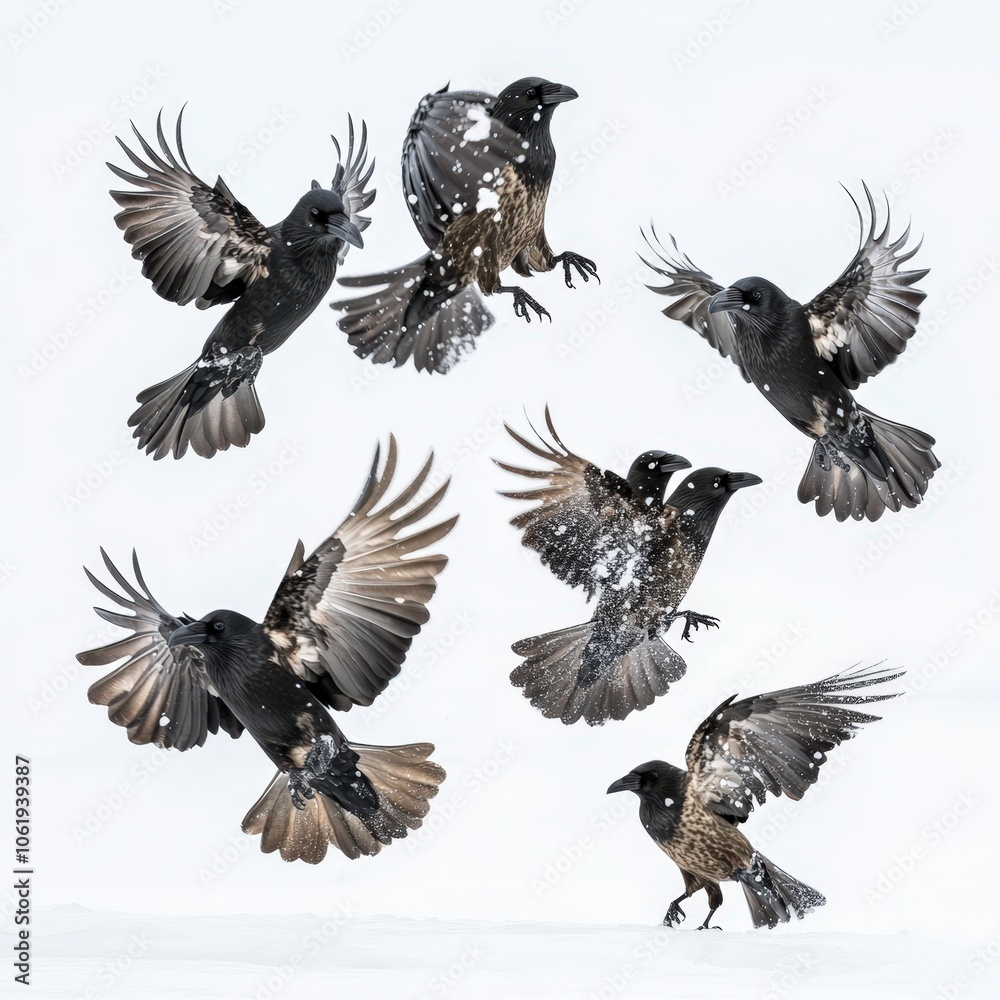 Flock of black and white spotted ravens in flight against a white background Flock of black and white spotted ravens in flight against a white background