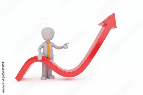 3d man red arrow success chart on white background.