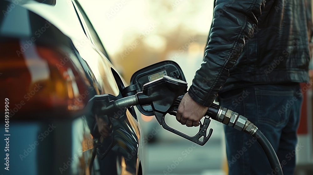 Pumping Gas: A close-up shot of a man pumping gasoline into a car at a gas station.