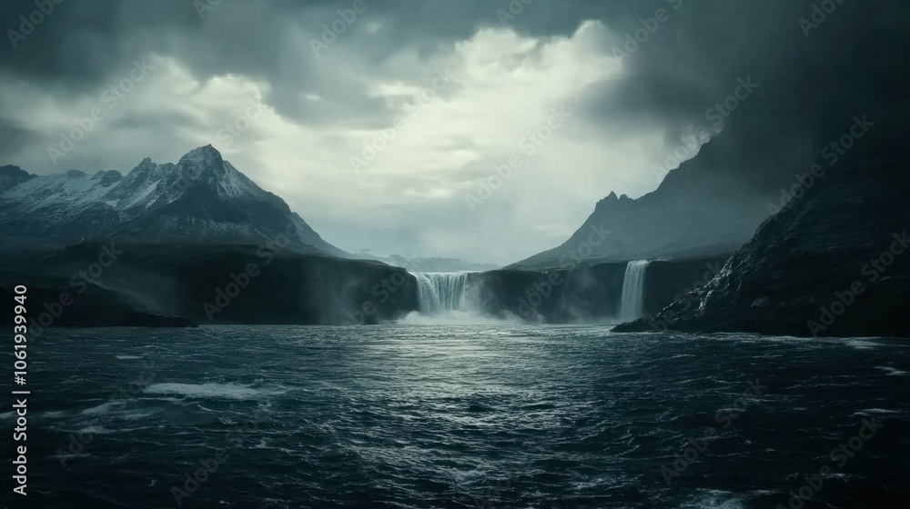 Fototapeta premium Majestic Waterfall Amidst Dramatic Mountain Landscape