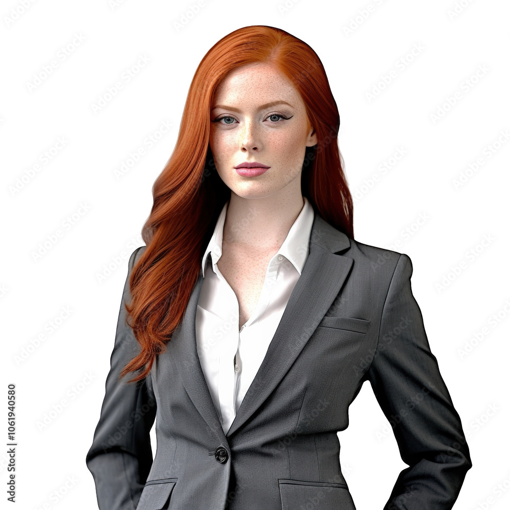 Confident Female Executive with Red Hair Standing in Front of Plain Background.