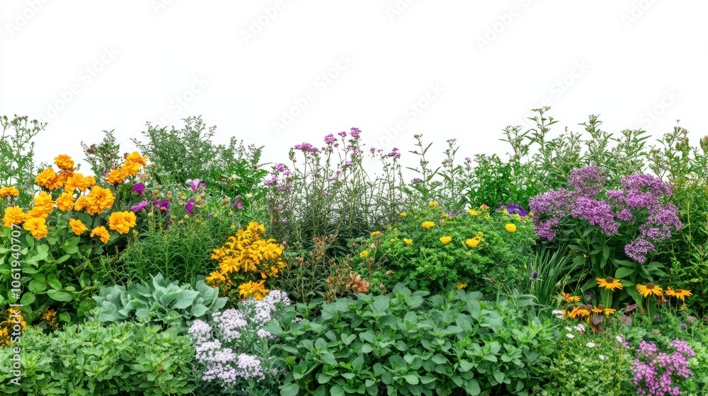 Fototapeta premium Natural flower garden with vibrant blooms and green foliage, isolated on white