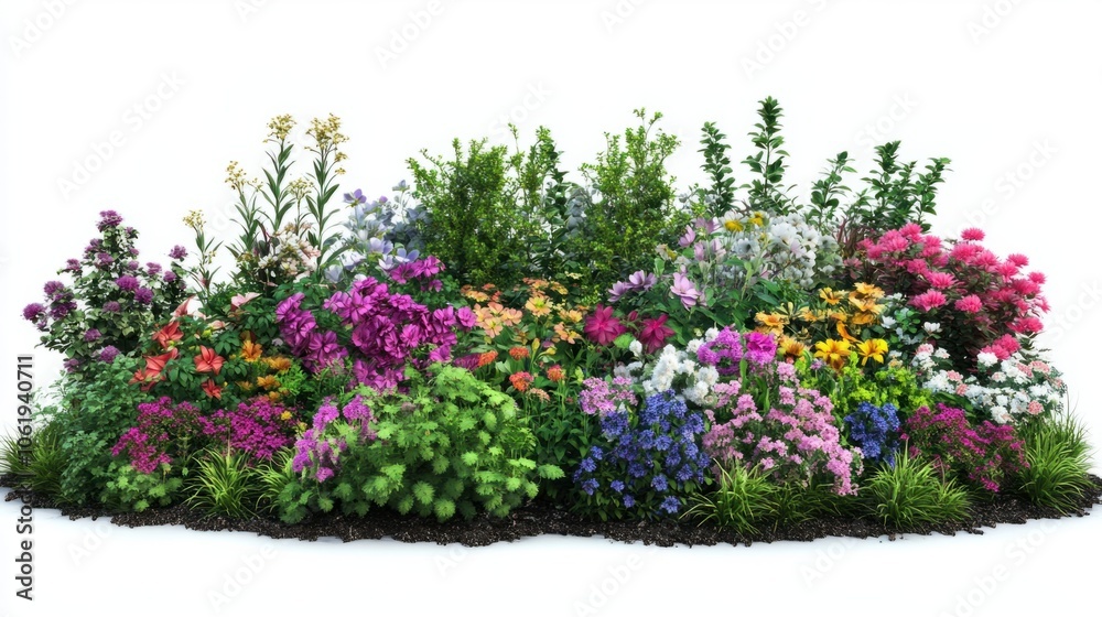 Naklejka premium Natural flower garden with vibrant blooms and green foliage, isolated on white