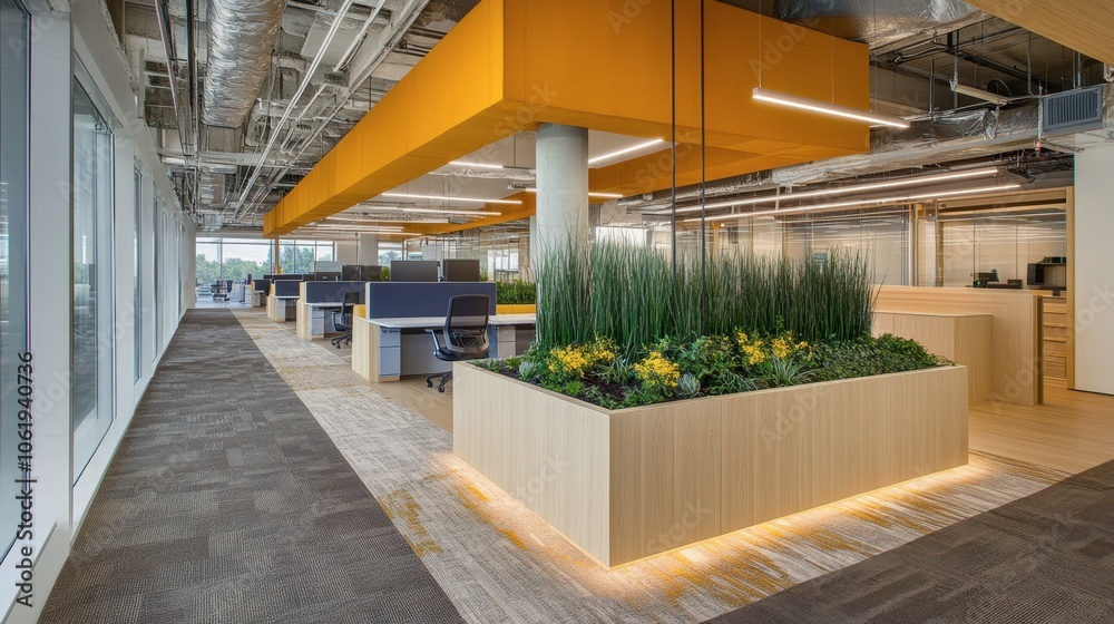 Fototapeta premium Modern Office Interior with Greenery and Bright Lighting