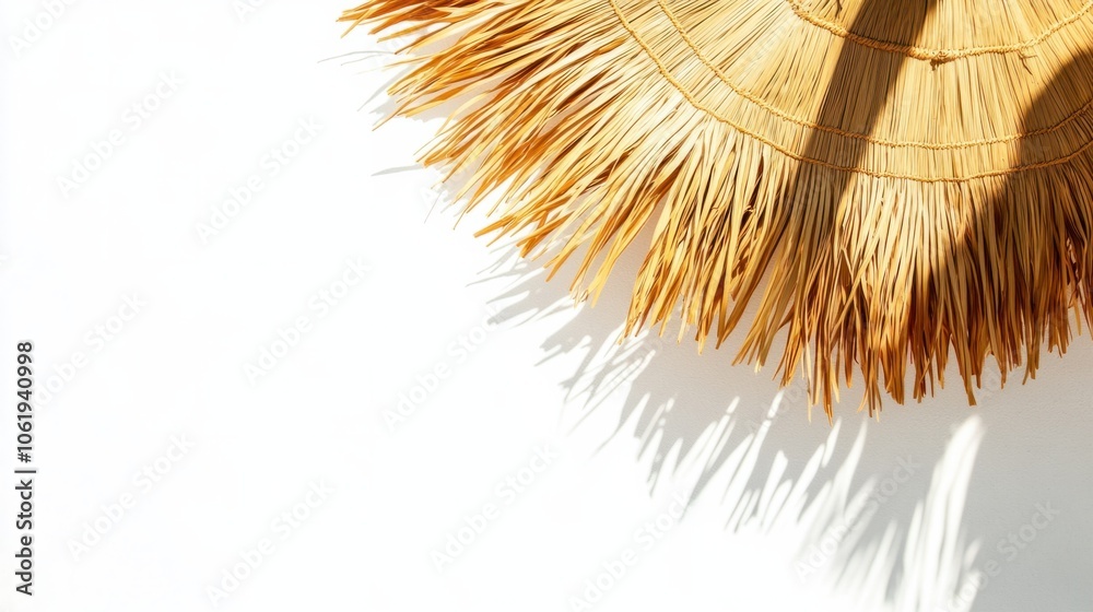 Naklejka premium Natural straw beach umbrella canopy isolated on white, casting soft shadows