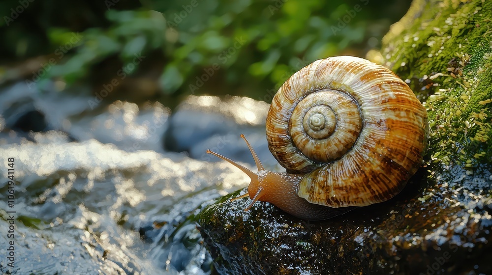Snail Crawling by the Stream in Nature Snail Crawling by the Stream in Nature