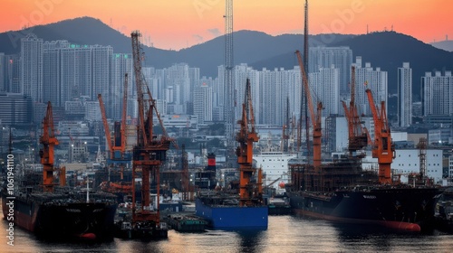 Industrial Harbor at Sunset with Cranes and Ships photo