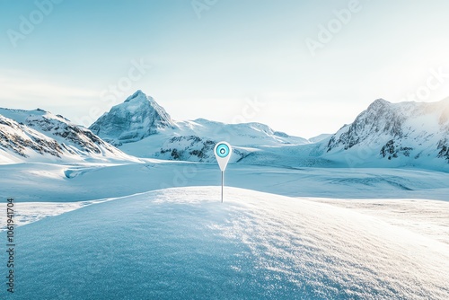 Marqueur de localisation bleu dans un paysage montagneux enneigé lumineux. photo