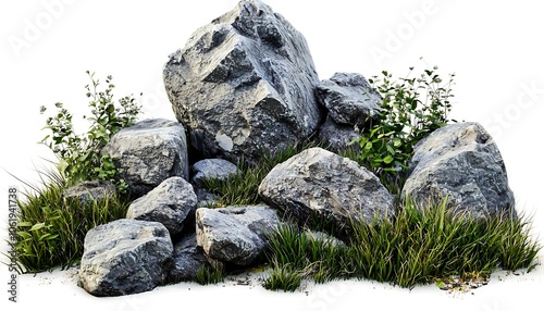 Rock and Grass Landscape: Isolated compositions of rocks and grass, rendered in 3D for transparency.