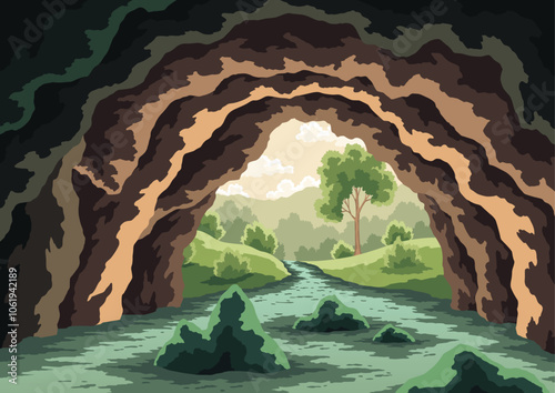 Cave river landscape. Underground rocky cave with water and forest outside. Cartoon with view through entrance. Exit from cave. Vector cartoon illustration of empty stone cavern
