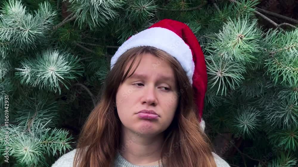 young woman is sad on new year or christmas in santa claus hat, lonely young woman is sad on new year or christmas in santa claus hat, lonely