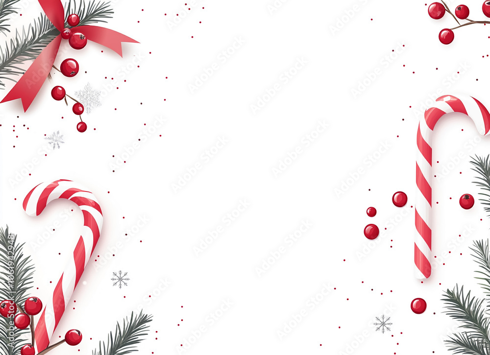 Two candy canes and red berries with a white background and light gray snowflake accents are in the image. The candy canes are on the left and right sides of the image Two candy canes and red berries with a white background and light gray snowflake accents are in the image. The candy canes are on the left and right sides of the image