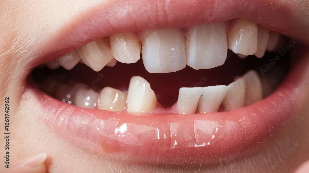 Obraz premium A close-up shot of a person's open mouth, revealing a chipped tooth and a gap between two teeth. The image highlights the need for dental care and the importance of maintaining oral hygiene.