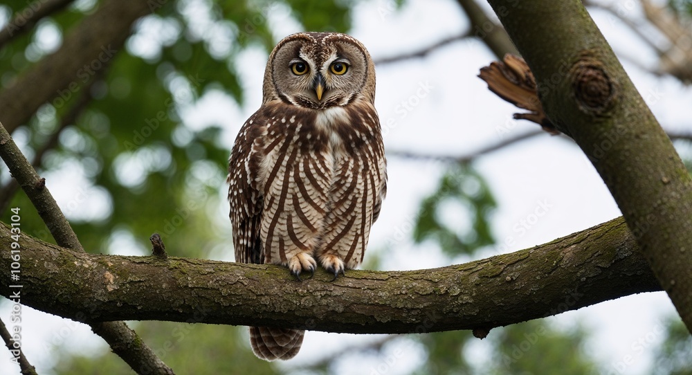 Owl perched on a tree branch 