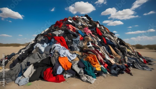 Massive pile of discarded clothing in arid desert landscape, highlighting issues of consumerism, waste, and environmental impact photo