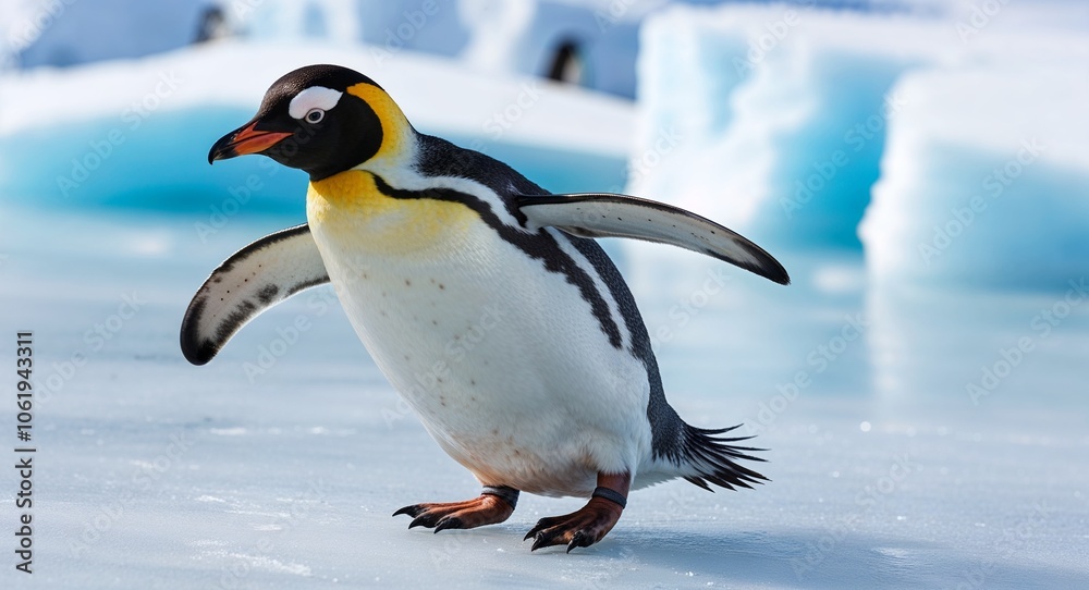 Fototapeta premium Penguin sliding on ice
