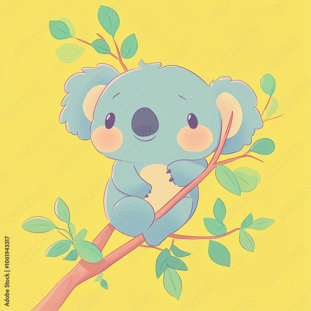 Charming pastel koala resting on a branch surrounded by green leaves against a vibrant yellow background