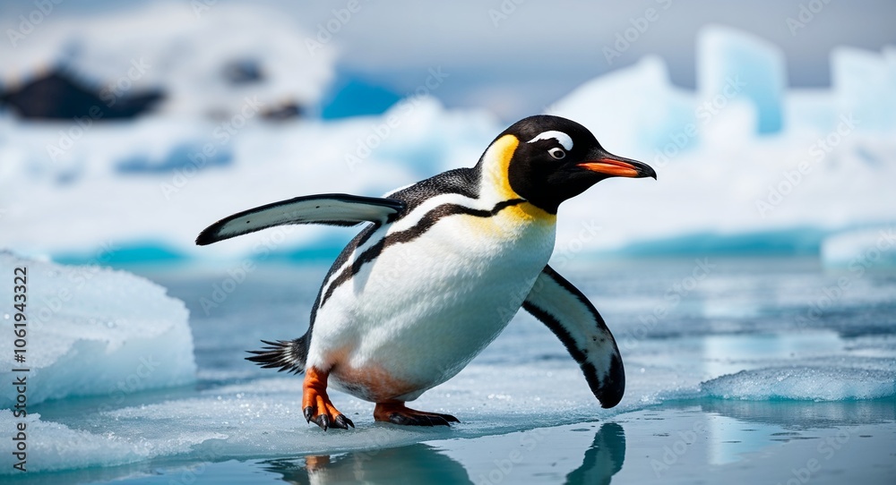 Fototapeta premium Penguin sliding on ice 