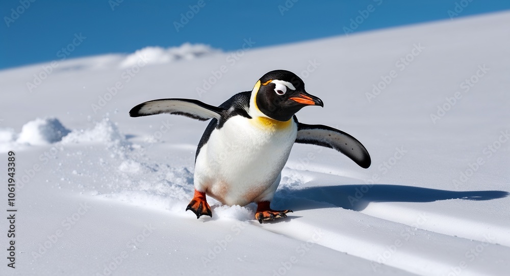 Obraz premium Penguin sliding on snow 
