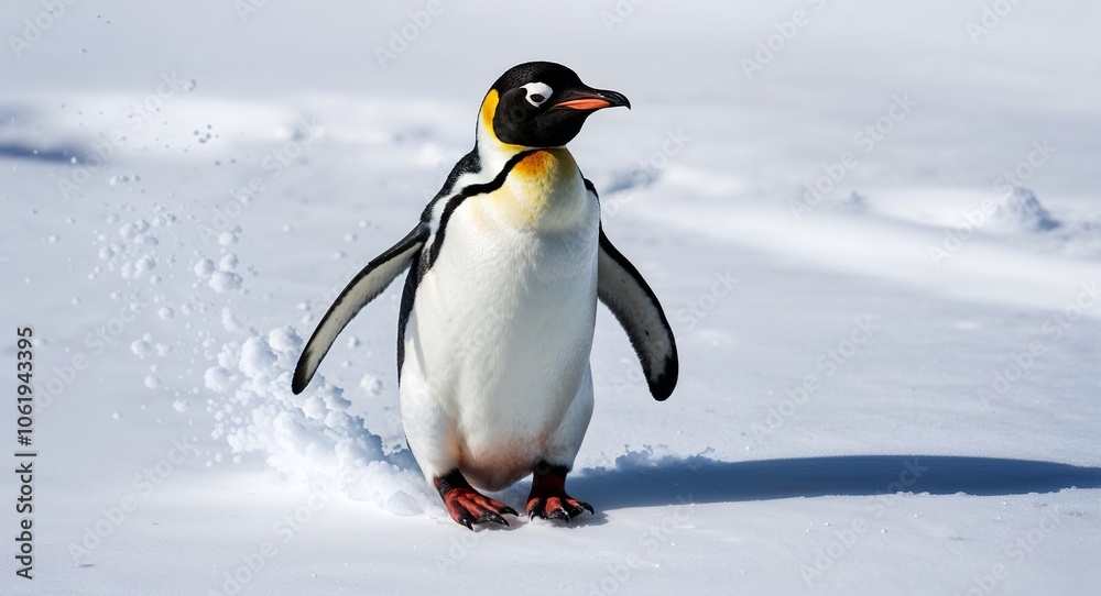 Fototapeta premium Penguin sliding on snow
