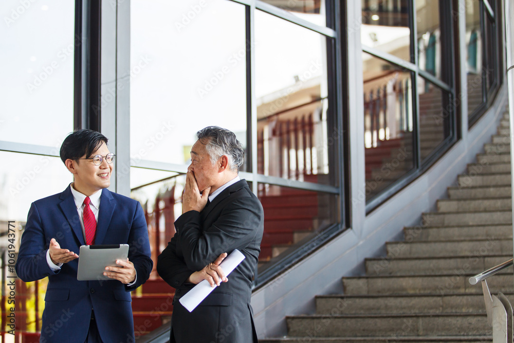 Two Asian businesspeople having a business discussion in the office building.