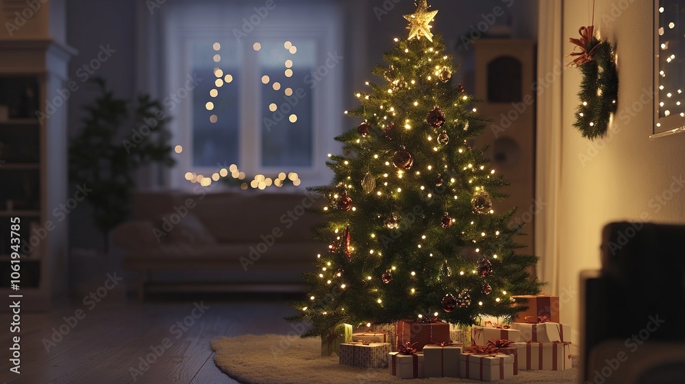 Festively decorated Christmas tree with fairy lights 