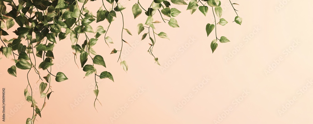 Lierre vert suspendu sur fond beige rosé. Lierre vert suspendu sur fond beige rosé.