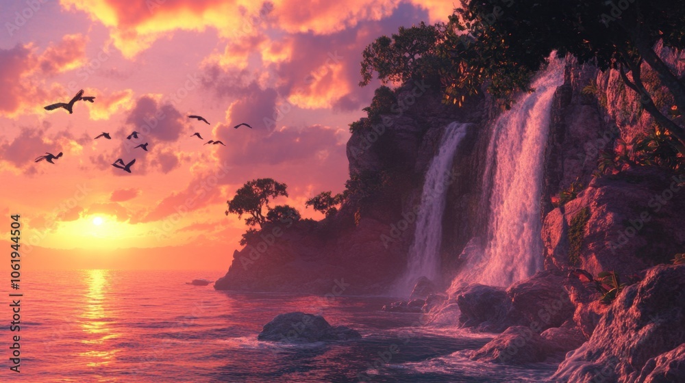 Fototapeta premium Serene Sunset over Waterfall and Coastline