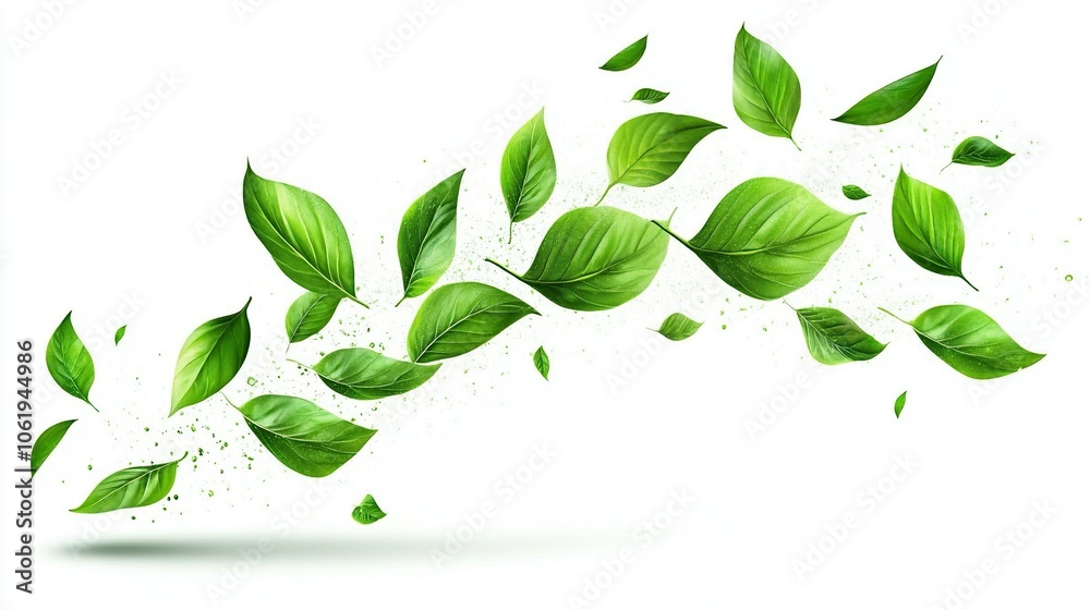 Flying green leaves isolated on white background. Flying green leaves isolated on white background.