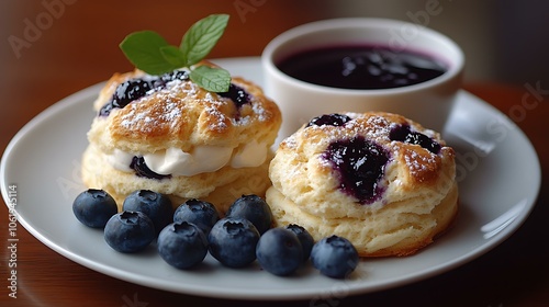 Blueberry scones with a crumbly texture and fresh blueberries, served with clotted cream