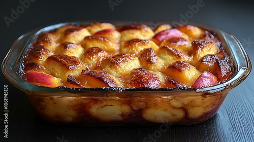 Peach cobbler with a golden biscuit topping, served in a rustic baking dish photo