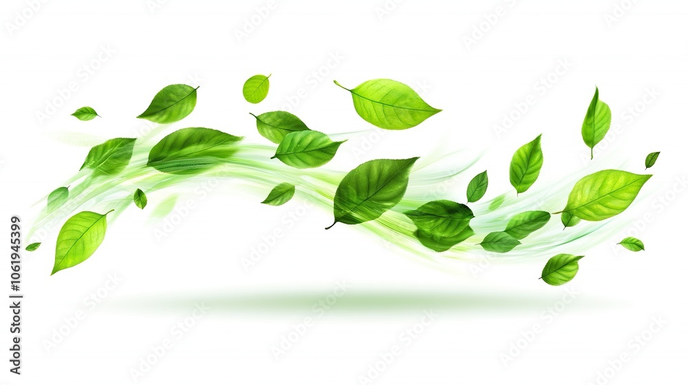 Flying green leaves isolated on white background. 